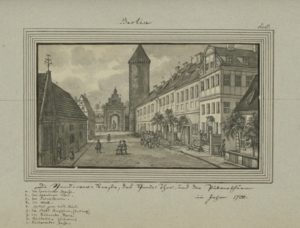 Die Spandauer Straße um 1700, mit Spandauer Tor und Pulverturm