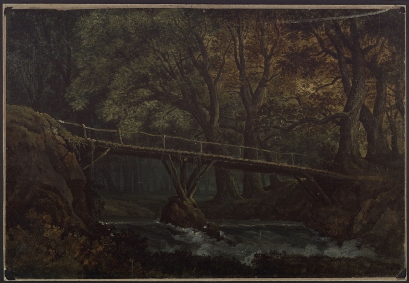 Karl Friedrich Schinkel – 1815 – Undine – Entwurf der 7. Dekoration (Dichter Wald mit Brücke)