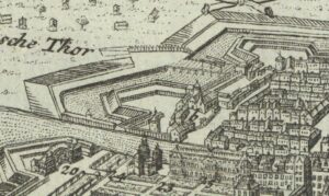 Die Uffelnsche Bastion und das Heilig-Geist-Spital mit dem Spandauer Tor - Plan von Gabriel Bodenehr.