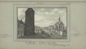 Wallstraße, Walltor, Garnisonschule, Pulverturm und die alte Garnisonkirche um 1718, von Leopold Ludwig Müller.