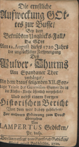 Titelblatt der Predigt "Die ernstliche Aufweckung Gottes zur Buße..." von Lampertus Gedicke aus dem Jahr 1720.