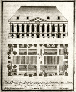 Fassade und Grundriß der zweiten Kirche im Jahre 1722 von Johann Friedrich Walther.