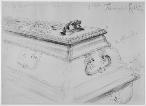 Zeichnung "Sarkophag des Generalfeldmarschalls von Kalkstein in der Gruft der Garnisonkirche in Berlin" von Adolph Menzel
