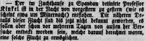 Meldung in der Königlich privilegirten Berlinischen Zeitung von Staats- und gelehrten Sachen vom 8. November 1850 über die Flucht Johann Gottfried Kinkels